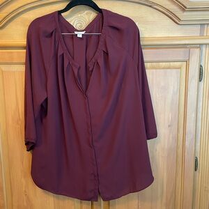 Cato Maroon Relaxed V-Neck Blouse with 3/4 Sleeves